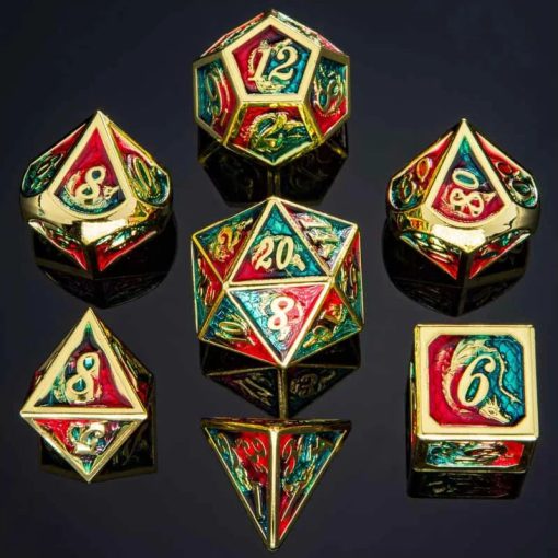 Gold w/Red& Blue dragon fém dobókocka készlet társas- és szerepjátékokhoz