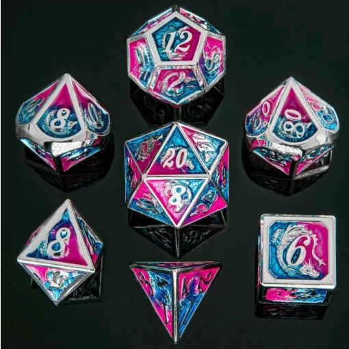 Silver w/Pink& Blue dragon fém dobókocka készlet társas- és szerepjátékokhoz
